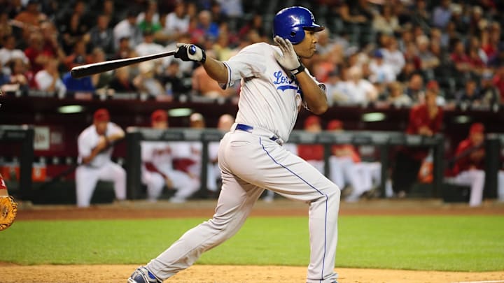 May 11, 2010; Phoenix, AZ, USA; Los Angeles Dodgers outfielder Garret Anderson against the Arizona Diamondbacks at Chase Field. Mandatory Credit: Mark J. Rebilas-Imagn Images