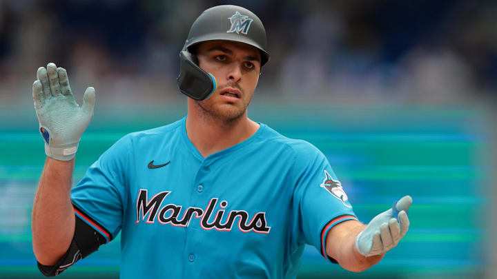 Apr 13, 2025; Miami, Florida, USA; Miami Marlins pinch hitter Matt Mervis (36) circles the bases after hitting a three-run home run against the Washington Nationals during the seventh inning at loanDepot Park. Mandatory Credit: Sam Navarro-Imagn Images