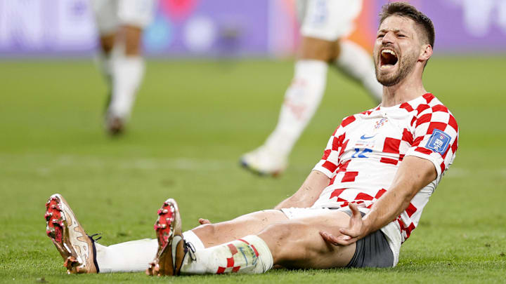 Nov 27, 2022; Doha, Qatar; Croatia forward Bruno Petkovic (16) celebrates after winning a group