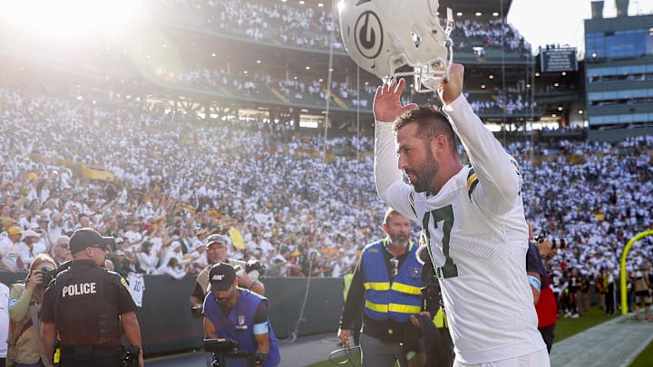 Green Bay Packers kicker Brandon McManus (17) celebrates after his game-winning field goal against the Texans.