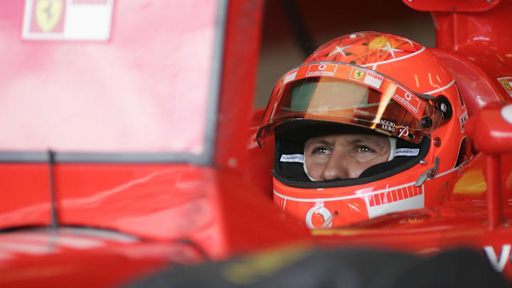 June 17, 2005; Indianapolis, IN, USA; Michael Schumacher #1 of Scuderia Ferrari Marlboro watches the scoring monitor while sitting in the cockpit of his car during the second practice session for the United States Grand Prix on Friday June 17, 2005 at the Indianpolis Motor Speedway. Mandatory Credit: Photo By Jeff Hanisch-Imagn Images Copyright (c) 2005 Jeff Hanisch June 17, 2005; Indianapolis, IN, USA; Michael Schumacher #1 of Scuderia Ferrari Marlboro watches the scoring monitor while sitting in the cockpit of his car during the second practice session for the United States Grand Prix on Friday June 17, 2005 at the Indianpolis Motor Speedway. Mandatory Credit: Photo By Jeff Hanisch-Imagn Images Copyright (c) 2005 Jeff Hanisch