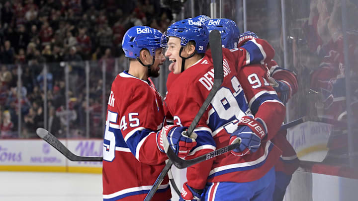 Nov 8, 2025; Montreal, Quebec, CAN; Montreal Canadiens forward Oliver Kapanen (91) celebrates with teammates including forward Ivan Demidov (93) after scoring a goal against the Utah Mammoth during the first period at the Bell Centre. Mandatory Credit: Eric Bolte-Imagn Images Nov 8, 2025; Montreal, Quebec, CAN; Montreal Canadiens forward Oliver Kapanen (91) celebrates with teammates including forward Ivan Demidov (93) after scoring a goal against the Utah Mammoth during the first period at the Bell Centre. Mandatory Credit: Eric Bolte-Imagn Images