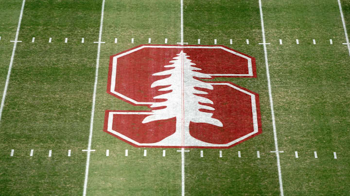 Oct 17, 2019; Stanford, CA, USA; Detailed view of the Stanford Cardinal logo at midfield at Stanford Stadium. Mandatory Credit: Kirby Lee-Imagn Images