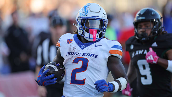 Oct 12, 2024; Honolulu, Hawaii, USA;  Boise State Broncos running back Ashton Jeanty (2) runs the ball in for a touchdown during the first quarter an NCAA college football game against the Hawaii Rainbow Warriors at Clarence T.C. Ching Athletics Complex. Mandatory Credit: Marco Garcia-Imagn Images