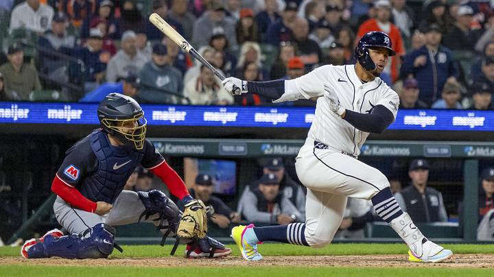 Detroit Tigers right fielder Wenceel Perez (46) strikes out with men on base to end the bottom of the ninth inning.