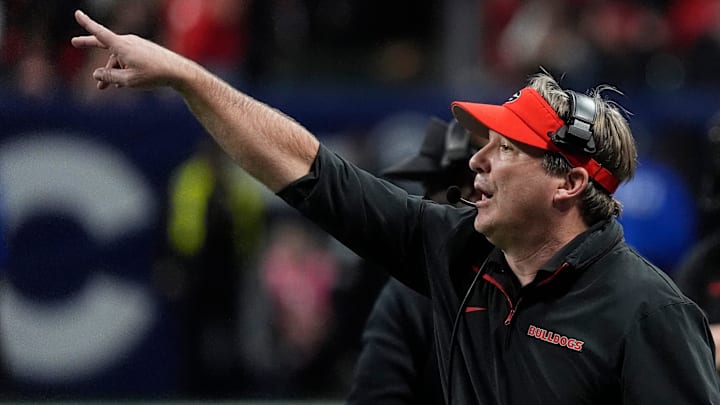 Georgia coach Kirby Smart reacts during overtime of the SEC championship game against Texas in Atlanta, on Saturday, Dec. 7, 2024. Georgia coach Kirby Smart reacts during overtime of the SEC championship game against Texas in Atlanta, on Saturday, Dec. 7, 2024.