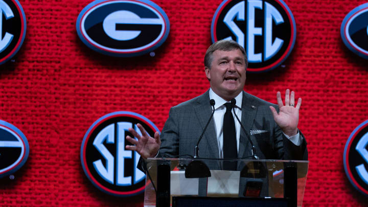 Georgia Head Coach Kirby Smart speaks at the 2023 SEC Football Kickoff Media Days at the Nashville Grand Hyatt on Broadway, Tuesday, July 18, 2023.