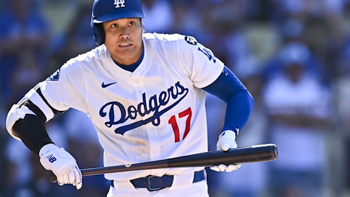 Aug 10, 2025; Los Angeles, California, USA; Los Angeles Dodgers designated hitter Shohei Ohtani (17) reacts after hitting a foul ball against the Toronto Blue Jays during the ninth inning at Dodger Stadium. Mandatory Credit: Jonathan Hui-Imagn Images Aug 10, 2025; Los Angeles, California, USA; Los Angeles Dodgers designated hitter Shohei Ohtani (17) reacts after hitting a foul ball against the Toronto Blue Jays during the ninth inning at Dodger Stadium. Mandatory Credit: Jonathan Hui-Imagn Images