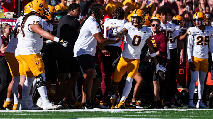 Arizona State Sun Devils wide receiver Jordyn Tyson (0) points down field after picking up a first down against the Arizona Wildcats.