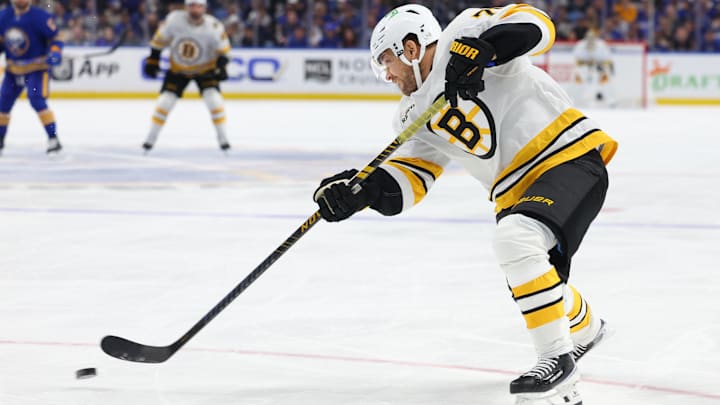 Apr 21, 2026; Buffalo, New York, USA; Boston Bruins left wing Viktor Arvidsson (71) takes a shot on goal during the first period against the Buffalo Sabres in game two of the first round of the 2026 Stanley Cup Playoffs at KeyBank Center. Mandatory Credit: Timothy T. Ludwig-Imagn Images