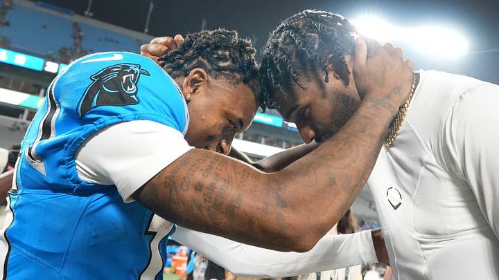 Aug 8, 2025; Charlotte, North Carolina, USA; Cleveland Browns quarterback Shedeur Sanders (12) with Carolina Panthers wide receiver Jimmy Horn Jr. (15) after the game at Bank of America Stadium. Mandatory Credit: Bob Donnan-Imagn Images Aug 8, 2025; Charlotte, North Carolina, USA; Cleveland Browns quarterback Shedeur Sanders (12) with Carolina Panthers wide receiver Jimmy Horn Jr. (15) after the game at Bank of America Stadium. Mandatory Credit: Bob Donnan-Imagn Images