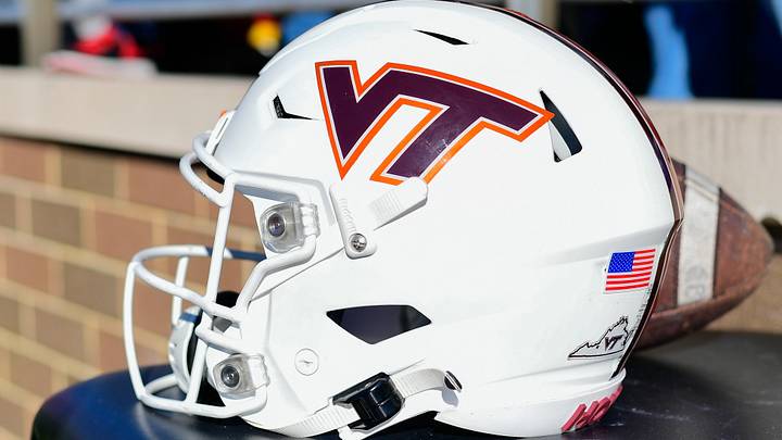 Nov 11, 2023; Chestnut Hill, Mass.; A Virginia Tech helmet rests on a table during the first half against Boston College. Nov 11, 2023; Chestnut Hill, Mass.; A Virginia Tech helmet rests on a table during the first half against Boston College.