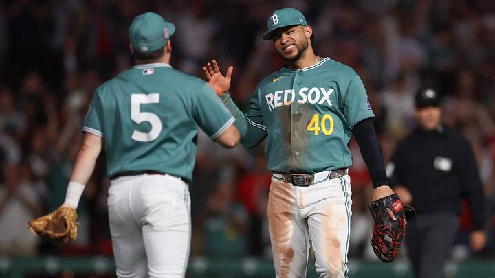 Aug 21, 2026; Boston, Massachusetts, USA; Boston Red Sox first baseman Willson Contreras (40) and third baseman Caleb Durbin (5) celebrate after defeating the San Francisco Giants at Fenway Park. Mandatory Credit: Paul Rutherford-Imagn Images Aug 21, 2026; Boston, Massachusetts, USA; Boston Red Sox first baseman Willson Contreras (40) and third baseman Caleb Durbin (5) celebrate after defeating the San Francisco Giants at Fenway Park. Mandatory Credit: Paul Rutherford-Imagn Images