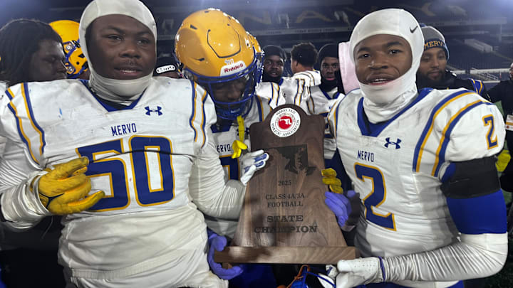 Mervo celebrates its 2025 MPSSAA Class 4A/3A state championship after is 40-20 win over Sherwood.