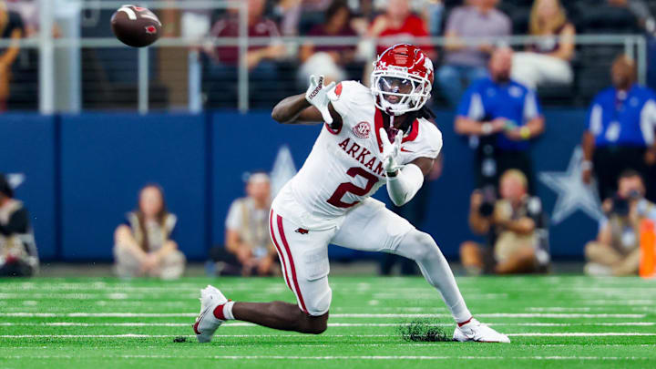 Arkansas Razorbacks wide receiver Andrew Armstrong (2) makes a catch during the second half against the Texas A&M Aggies at AT&T Stadium. Arkansas Razorbacks wide receiver Andrew Armstrong (2) makes a catch during the second half against the Texas A&M Aggies at AT&T Stadium.