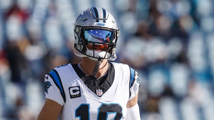 Dec 31, 2023; Jacksonville, Florida, USA; Carolina Panthers wide receiver Adam Thielen (19) during warm-ups against the Jacksonville Jaguars at EverBank Stadium. Mandatory Credit: Morgan Tencza-Imagn Images