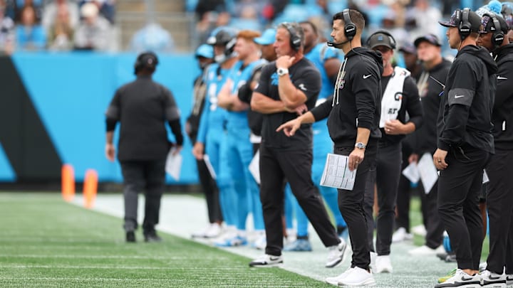Oct 12, 2025; Charlotte, North Carolina, USA; Carolina Panthers head coach Dave Canales reacts during the second quarter against the Dallas Cowboys at Bank of America Stadium. Mandatory Credit: Cory Knowlton-Imagn Images Oct 12, 2025; Charlotte, North Carolina, USA; Carolina Panthers head coach Dave Canales reacts during the second quarter against the Dallas Cowboys at Bank of America Stadium. Mandatory Credit: Cory Knowlton-Imagn Images