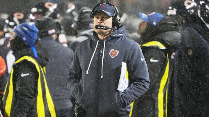 Jan 18, 2026; Chicago, IL, USA; Chicago Bears head coach Ben Johnson watches game play against the Los Angeles Rams during the second quarter of an NFC Divisional Round game at Soldier Field. Mandatory Credit: David Banks-Imagn Images