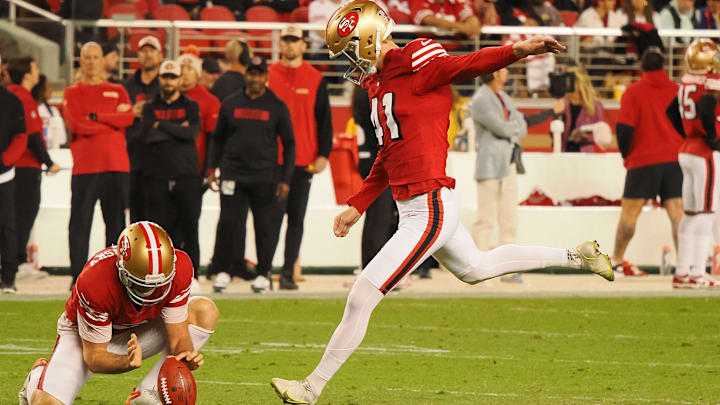 Oct 27, 2024; Santa Clara, California, USA; San Francisco 49ers kicker Anders Carlson (41) scores a field goal against the Dallas Cowboys during the fourth quarter at Levi's Stadium. Mandatory Credit: Kelley L Cox-Imagn Images
