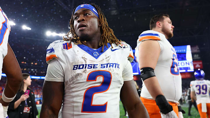 Dec 31, 2024; Glendale, AZ, USA; Boise State Broncos running back Ashton Jeanty (2) reacts after the game against the Penn State Nittany Lions in the Fiesta Bowl at State Farm Stadium. Mandatory Credit: Mark J. Rebilas-Imagn Images
