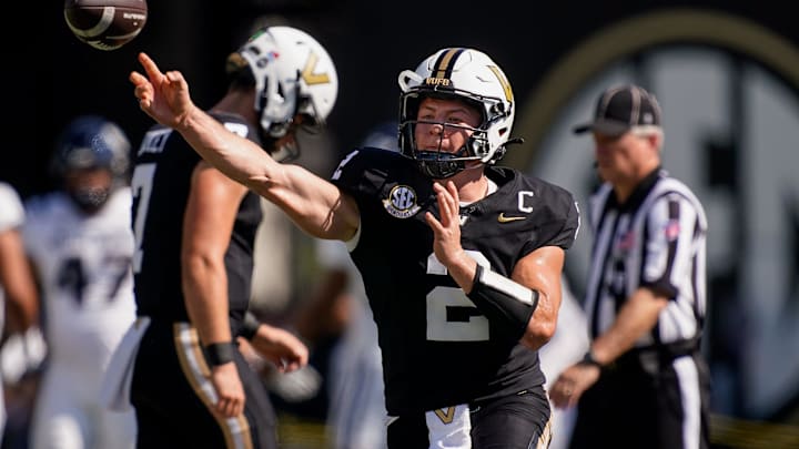 Vanderbilt quarterback Diego Pavia (2) warms up before a game against Utah State at FirstBank Stadium in Nashville, Tenn., Saturday, Sept. 27, 2025. Vanderbilt quarterback Diego Pavia (2) warms up before a game against Utah State at FirstBank Stadium in Nashville, Tenn., Saturday, Sept. 27, 2025.