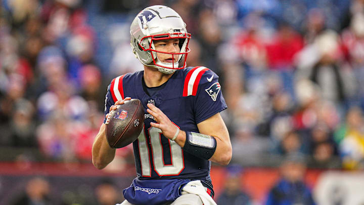Dec 28, 2024; Foxborough, Massachusetts, USA; New England Patriots quarterback Drake Maye (10) looks to pass the ball against the Los Angeles Chargers in the second half at Gillette Stadium.
