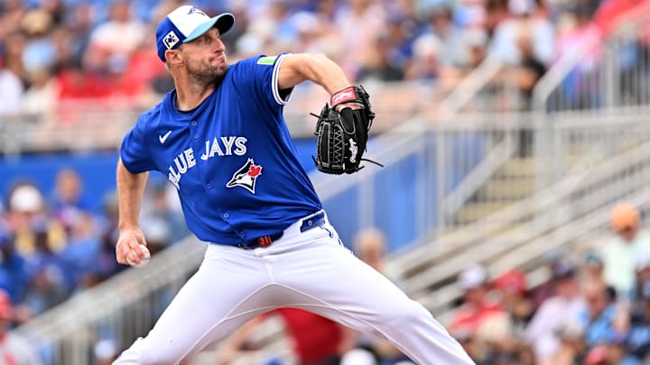 Feb 25, 2025; Dunedin, Florida, USA; Toronto Blue Jays starting pitcher Max Scherzer (31) throws a pitch in the first inning against the St. Louis Cardinals during spring training at TD Ballpark. Mandatory Credit: Jonathan Dyer-Imagn Images