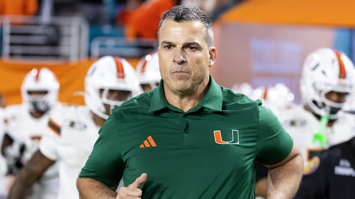 Jan 19, 2026; Miami Gardens, FL, USA; Miami Hurricanes head coach Mario Cristobal against the Indiana Hoosiers during the College Football Playoff National Championship game at Hard Rock Stadium. Mandatory Credit: Mark J. Rebilas-Imagn Images