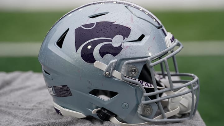 Oct 25, 2025; Lawrence, Kansas, USA; A general view of a Kansas State Wildcats helmet against the Kansas Jayhawks during the second half of the game at David Booth Kansas Memorial Stadium.