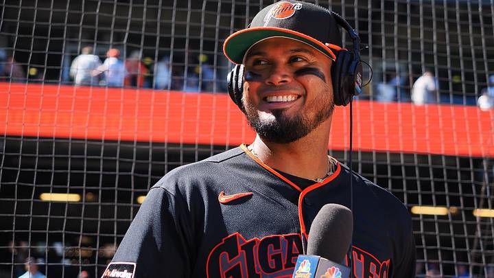 Jul 25, 2026; San Francisco, California, USA; San Francisco Giants second baseman Luis Arraez (1) speaks to the media after a win against the Los Angeles Angels at Oracle Park. Mandatory Credit: Kelley L Cox-Imagn Images