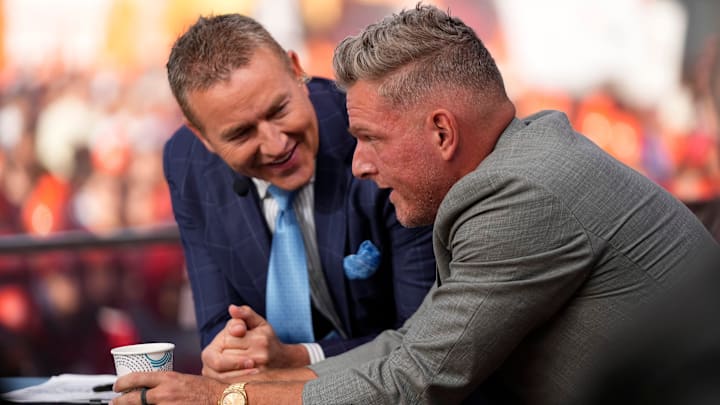 Pat McAfee, right, talks to Kirk Herbstreit on the set of ESPN College GameDay prior to the NCAA football game between the Ohio State Buckeyes and the Texas Longhorns at Ohio Stadium on Aug. 30, 2025.