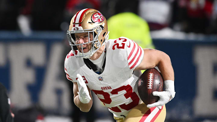 Dec 1, 2024; Orchard Park, New York, USA; San Francisco 49ers running back Christian McCaffrey (23) warms up before a game against the Buffalo Bills at Highmark Stadium. 