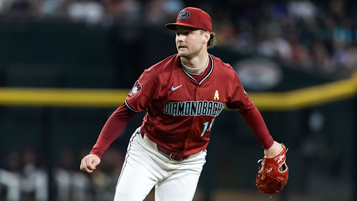 Sep 7, 2025; Phoenix, Arizona, USA; Arizona Diamondbacks pitcher Ryne Nelson against the Boston Red Sox at Chase Field. Mandatory Credit: Mark J. Rebilas-Imagn Images