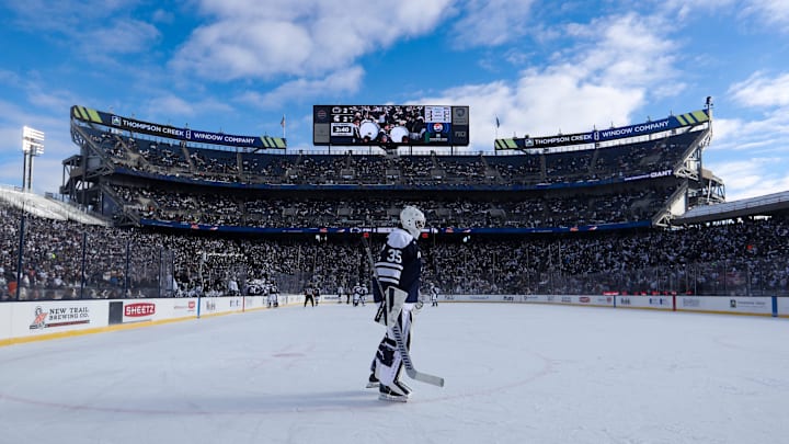 Penn State Nittany Lions goaltender Kevin Reidler skates during the game vs. the Michigan State Spartans at Beaver Stadium. 