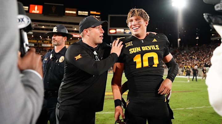 Sep 26, 2025; Tempe, Arizona, USA; Arizona State Sun Devils quarterback Sam Leavitt (10) celebrates with head coach Kenny Dillingham after win against TCU Horned Frogs at Mountain America Stadium, Home of the ASU Sun Devils. Mandatory Credit: Jacob Reiner-Imagn Images
