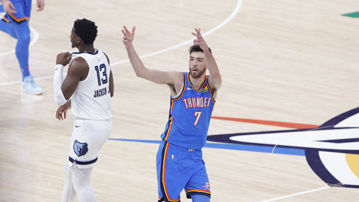 Apr 22, 2025; Oklahoma City, Oklahoma, USA; Oklahoma City Thunder forward Chet Holmgren (7) gestures after scoring a three point basket against the Memphis Grizzlies in the first quarter during game two of first round for the 2024 NBA Playoffs at Paycom Center. Mandatory Credit: Alonzo Adams-Imagn Images