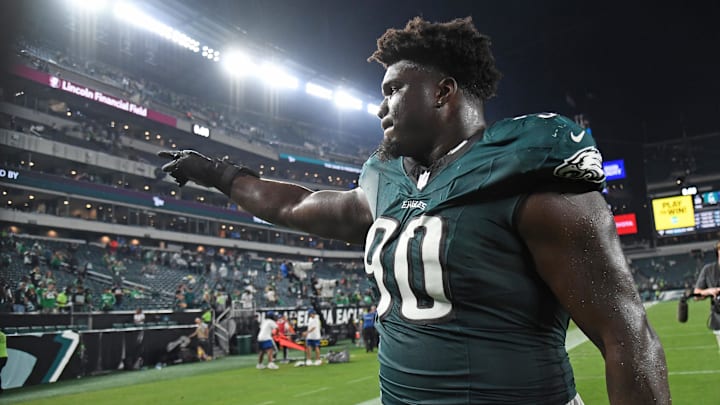 Sep 4, 2025; Philadelphia, Pennsylvania, USA;  Philadelphia Eagles defensive tackle Jordan Davis (90) against the Dallas Cowboys at Lincoln Financial Field. Mandatory Credit: Eric Hartline-Imagn Images