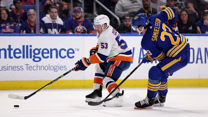 Apr 23, 2022; Buffalo, New York, USA;  New York Islanders center Casey Cizikas (53) skates with the