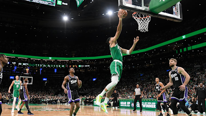 Apr 5, 2024; Boston, Massachusetts, USA; Boston Celtics forward Jayson Tatum (0) shoots the ball against the Sacramento Kings during the first half at TD Garden. Mandatory Credit: Eric Canha-Imagn Images