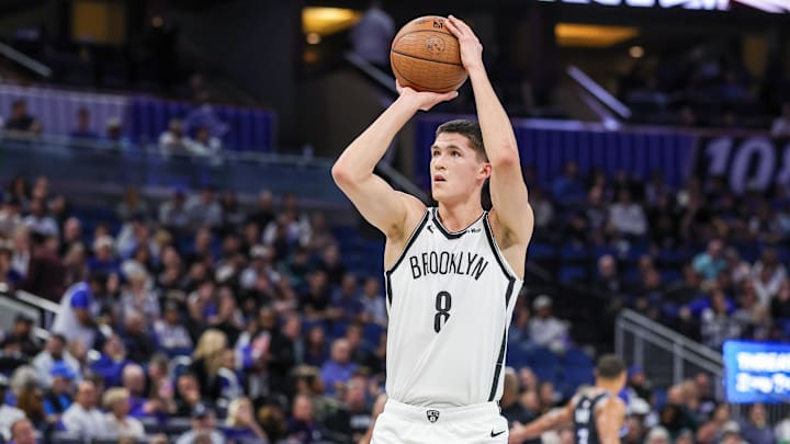 Nov 14, 2025; Orlando, Florida, USA; Brooklyn Nets guard Egor Demin (8) shoots a technical free throw during the first quarter against the Orlando Magic at Kia Center. Mandatory Credit: Mike Watters-Imagn Images Nov 14, 2025; Orlando, Florida, USA; Brooklyn Nets guard Egor Demin (8) shoots a technical free throw during the first quarter against the Orlando Magic at Kia Center. Mandatory Credit: Mike Watters-Imagn Images