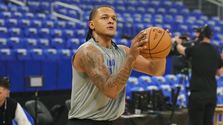 May 3, 2024: Orlando Magic forward Paolo Banchero warms up before game six of the first round for the 2024 NBA playoffs at Kia Center. May 3, 2024: Orlando Magic forward Paolo Banchero warms up before game six of the first round for the 2024 NBA playoffs at Kia Center.