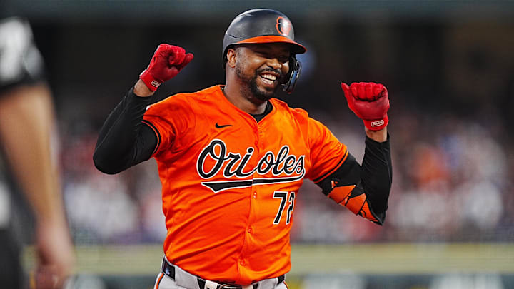 Aug 31, 2024; Denver, Colorado, USA; Baltimore Orioles designated hitter Eloy Jimenez (72) celebrates his solo home run in the fifth inning against the Colorado Rockies at Coors Field
