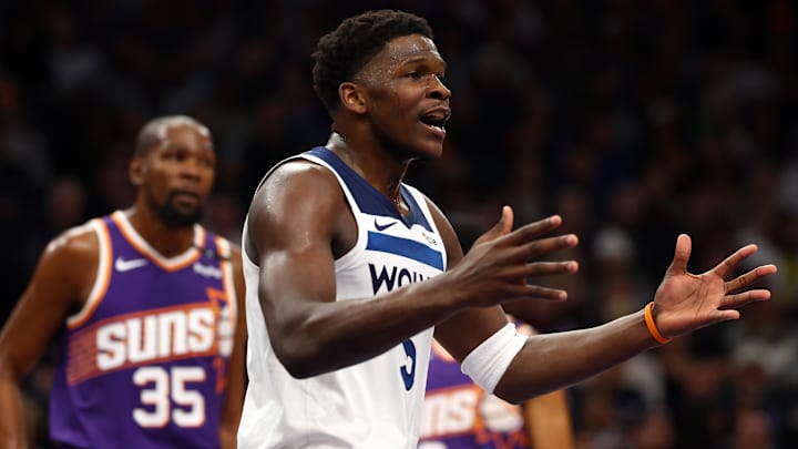Jan 29, 2025; Phoenix, Arizona, USA; Minnesota Timberwolves guard Anthony Edwards (5) reacts against the Phoenix Suns in the first half at Footprint Center.