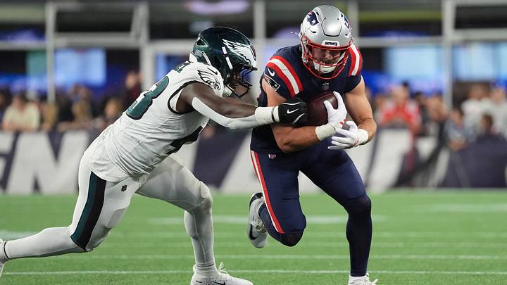 Aug 22, 2026; Foxborough, Massachusetts, USA;  Philadelphia Eagles linebacker Jose Ramirez (43) tackles New England Patriots running back Lan Larison (34) during the second half at Gillette Stadium.  Mandatory Credit: Gregory Fisher-Imagn Images