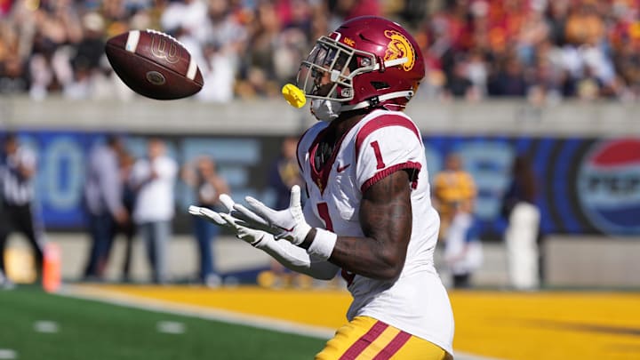 Oct 28, 2023; Berkeley, California, USA; USC Trojans wide receiver Zachariah Branch (1) catches a kickoff against the California Golden Bears during the second quarter at California Memorial Stadium. Mandatory Credit: Darren Yamashita-Imagn Images