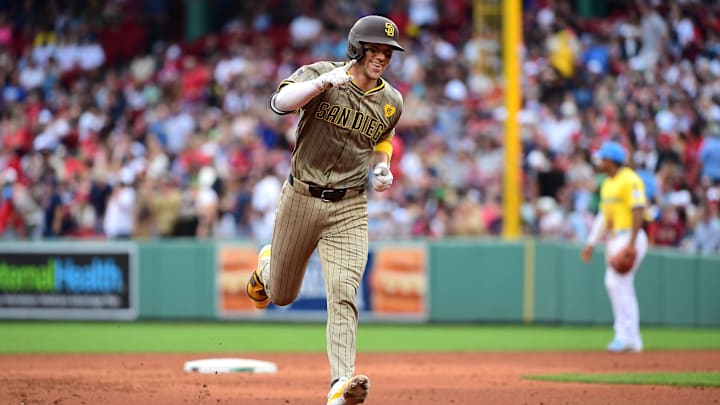 Jun 29, 2024; Boston, Massachusetts, USA;  San Diego Padres catcher Brett Sullivan (29) rounds the bases after hitting a two run home run during the fifth inning against the Boston Red Sox at Fenway Park. Mandatory Credit: Bob DeChiara-Imagn Images
