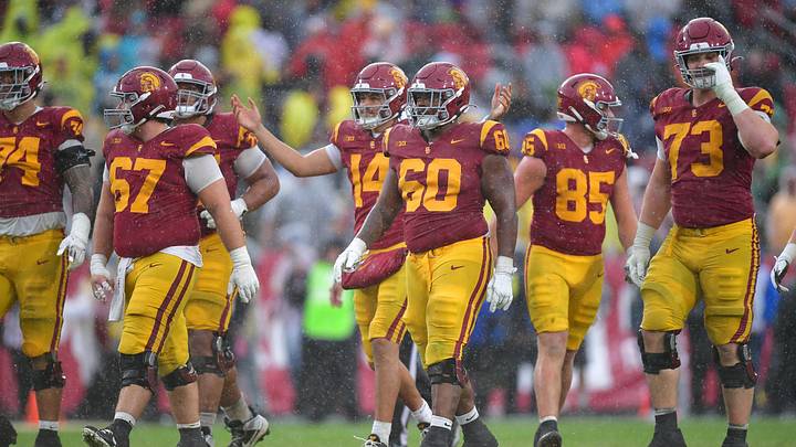 Nov 15, 2025; Los Angeles, California, USA; Southern California Trojans quarterback Jayden Maiava (14) celebrates the victory against the Iowa Hawkeyes at the Los Angeles Memorial Coliseum. Mandatory Credit: Gary A. Vasquez-Imagn Images Nov 15, 2025; Los Angeles, California, USA; Southern California Trojans quarterback Jayden Maiava (14) celebrates the victory against the Iowa Hawkeyes at the Los Angeles Memorial Coliseum. Mandatory Credit: Gary A. Vasquez-Imagn Images