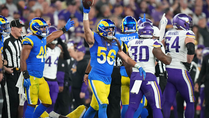 Los Angeles Rams linebacker Christian Rozeboom (56) comes up with a fumbled ball by the Minnesota Vikings during their playoff game at State Farm Stadium on Jan. 13, 2025, in Glendale.