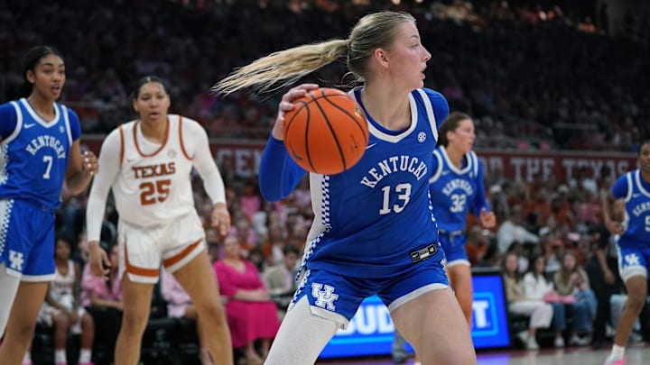 Feb 9, 2026; Austin, Texas, USA; Kentucky Wildcats center Clara Strack (13) rebounds during the second half against the Texas Longhorns at Moody Center. Mandatory Credit: Dustin Safranek-Imagn Images