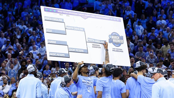 North Carolina celebrates after defeating the St. Peters in the finals of the East regional of 2022 NCAA tournament North Carolina celebrates after defeating the St. Peters in the finals of the East regional of 2022 NCAA tournament
